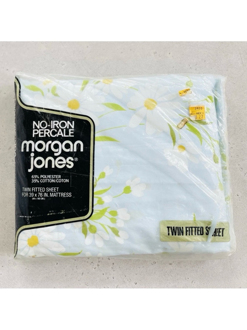 NOS Vintage Morgan Jones Blue with Spring Daisies Print Twin Fitted Sheet